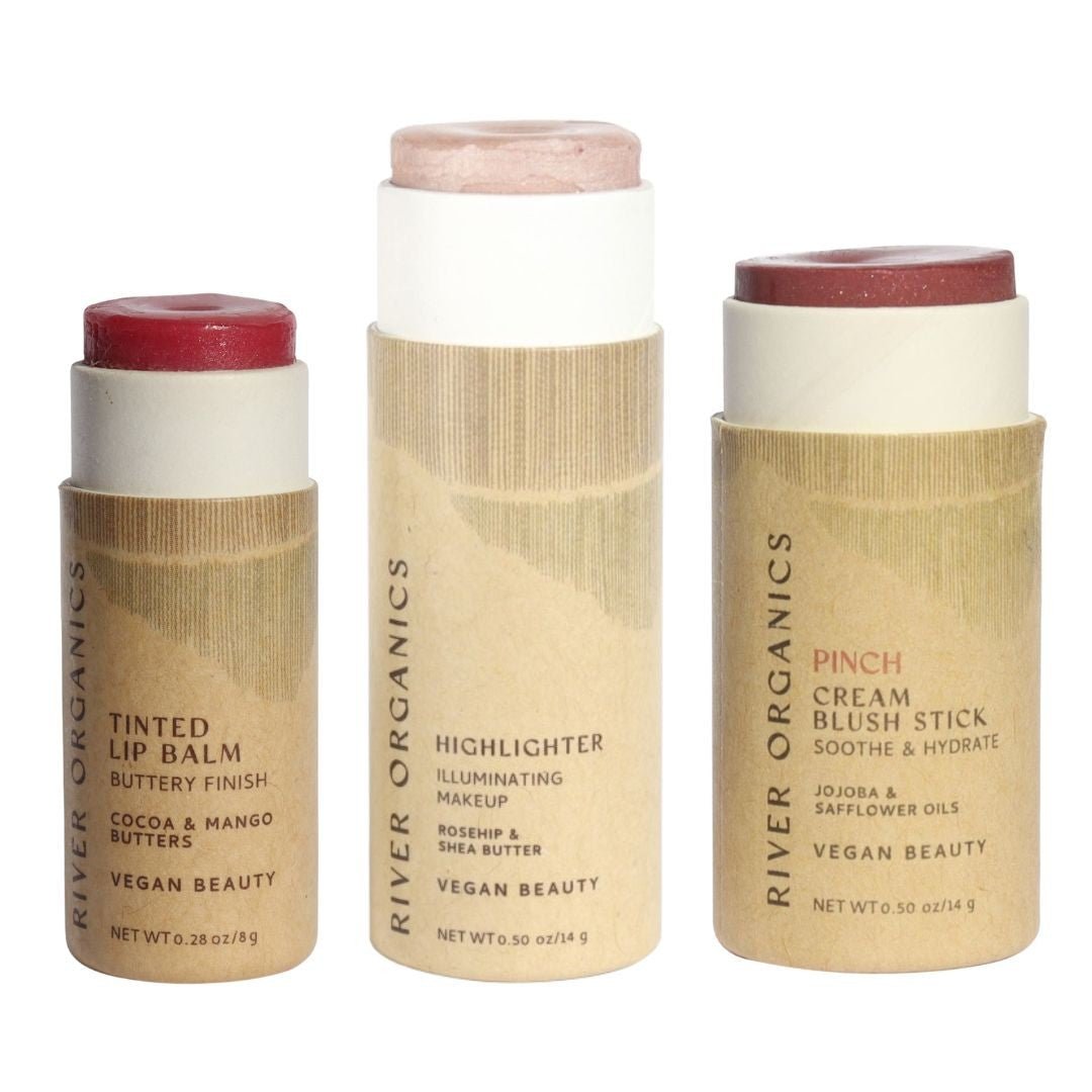Lip + Highlighter + Blush Set – Customizable Vegan Makeup Trio | Plastic-Free, Organic &amp; Cruelty-Free Beauty