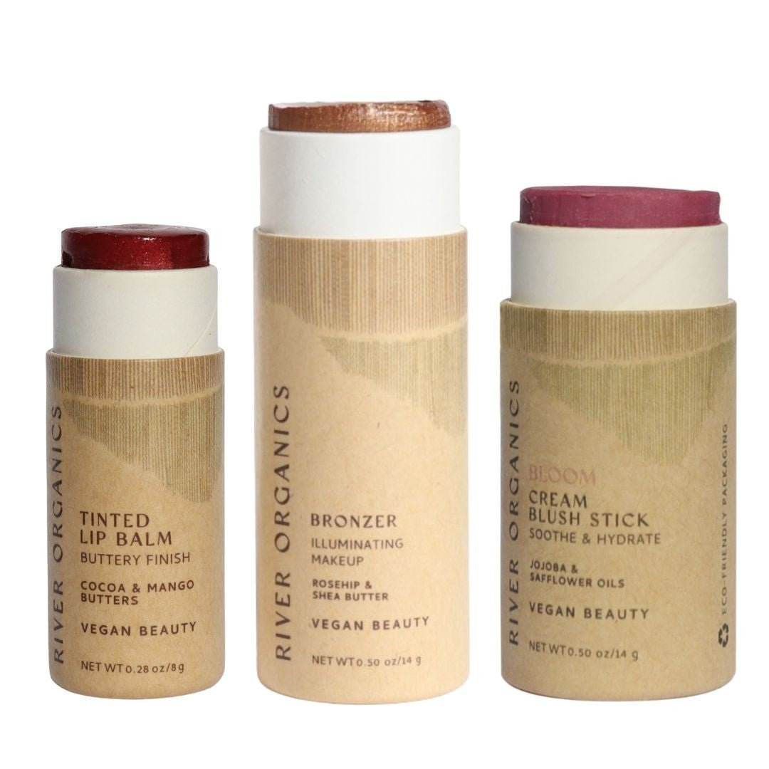 Lip + Highlighter + Blush Set – Customizable Vegan Makeup Trio | Plastic-Free, Organic &amp; Cruelty-Free Beauty