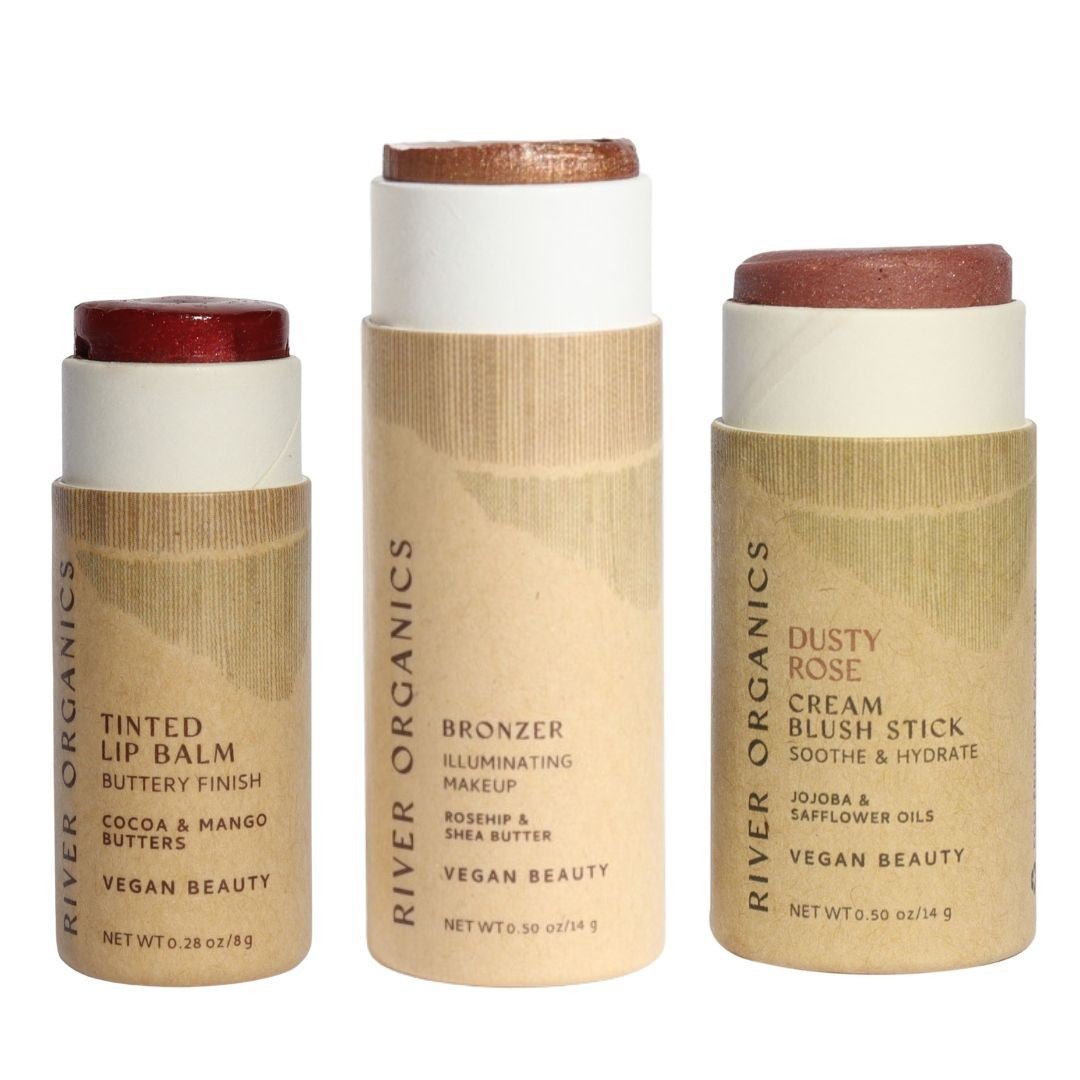 Lip + Highlighter + Blush Set – Customizable Vegan Makeup Trio | Plastic-Free, Organic &amp; Cruelty-Free Beauty