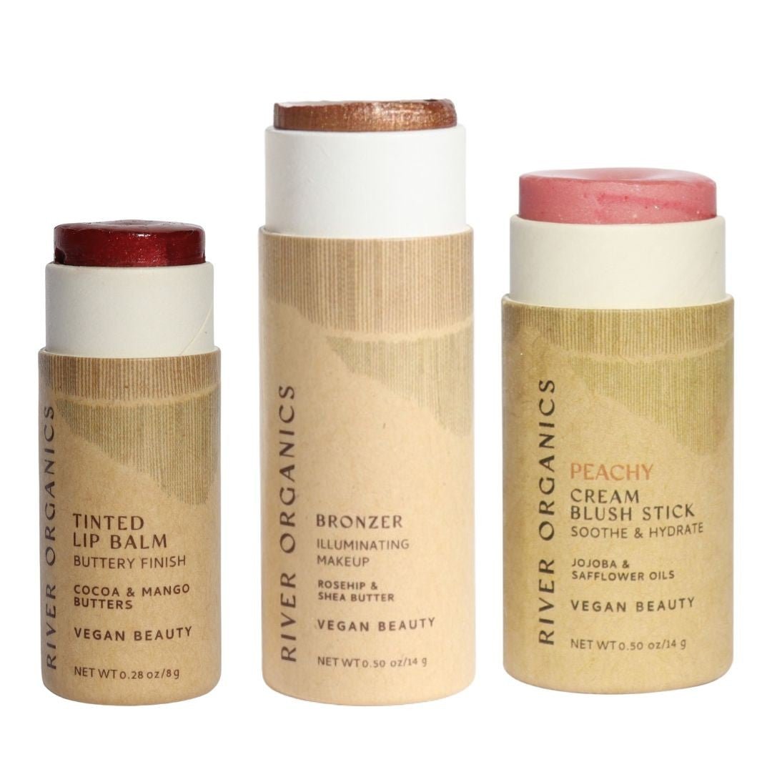 Lip + Highlighter + Blush Set – Customizable Vegan Makeup Trio | Plastic-Free, Organic &amp; Cruelty-Free Beauty