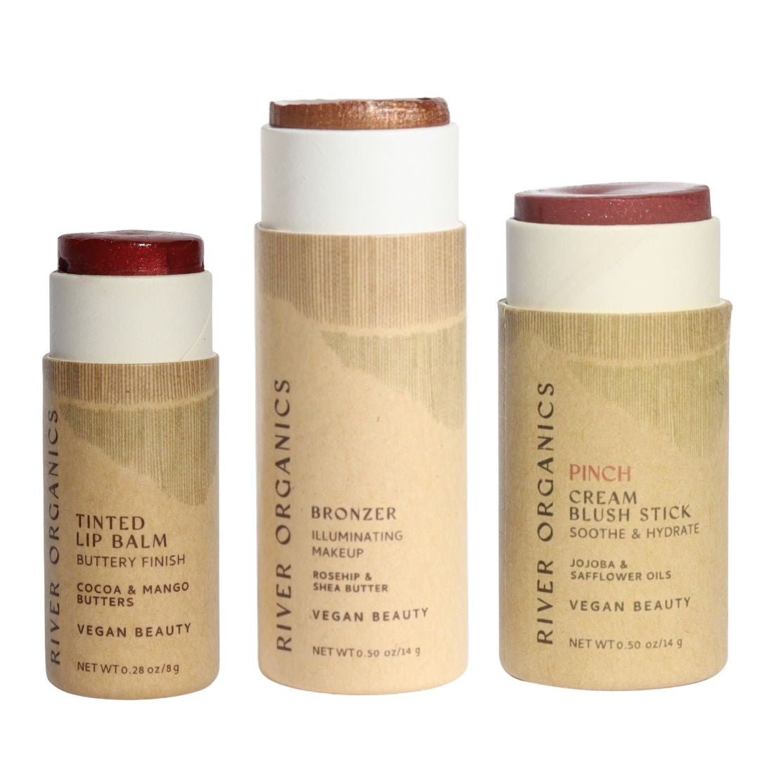 Lip + Highlighter + Blush Set – Customizable Vegan Makeup Trio | Plastic-Free, Organic &amp; Cruelty-Free Beauty