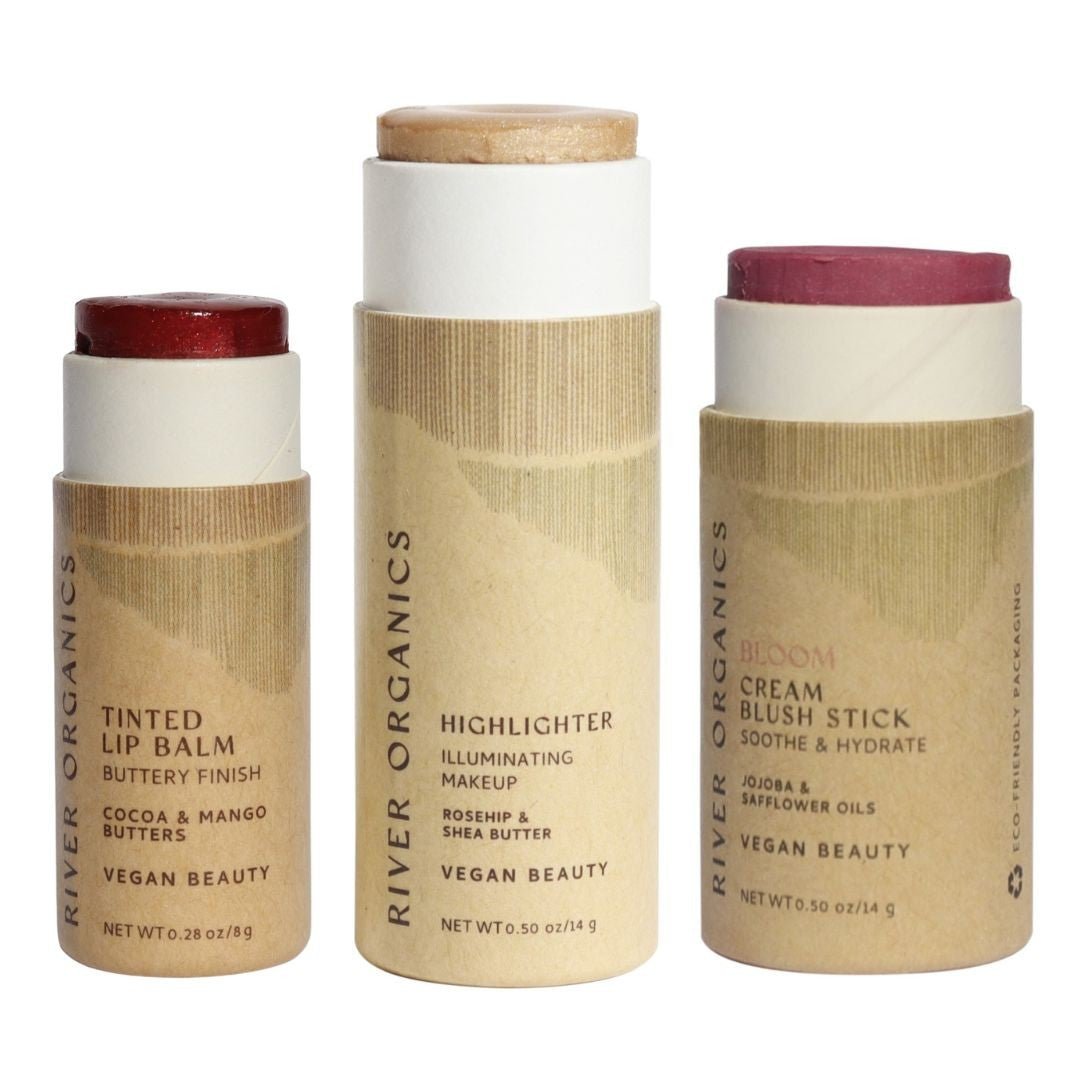 Lip + Highlighter + Blush Set – Customizable Vegan Makeup Trio | Plastic-Free, Organic &amp; Cruelty-Free Beauty