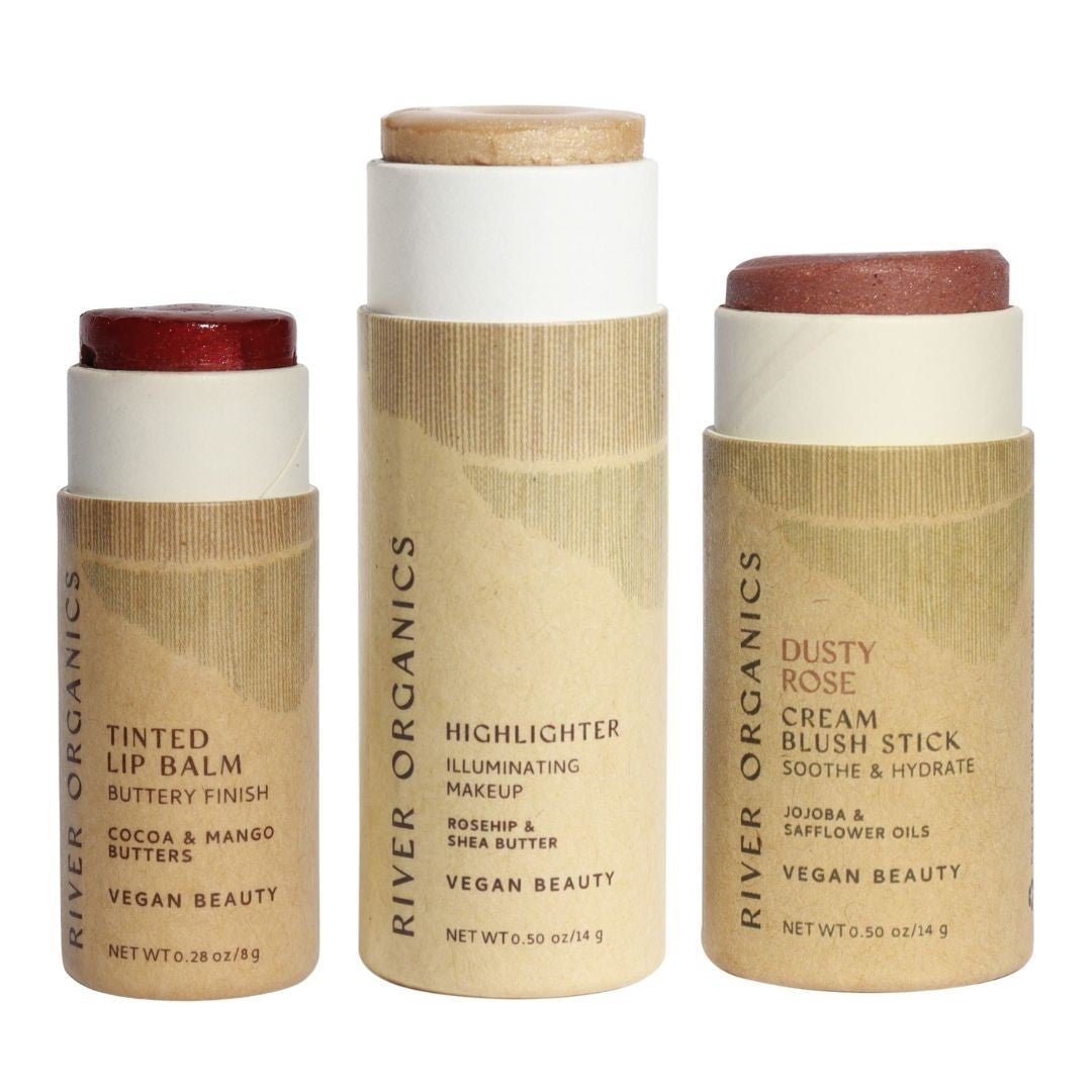 Lip + Highlighter + Blush Set – Customizable Vegan Makeup Trio | Plastic-Free, Organic &amp; Cruelty-Free Beauty