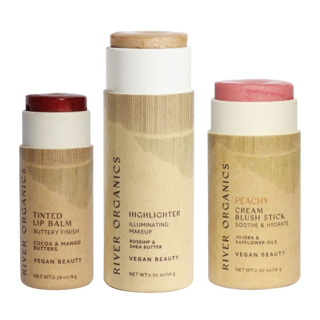 Lip + Highlighter + Blush Set – Customizable Vegan Makeup Trio | Plastic-Free, Organic &amp; Cruelty-Free Beauty