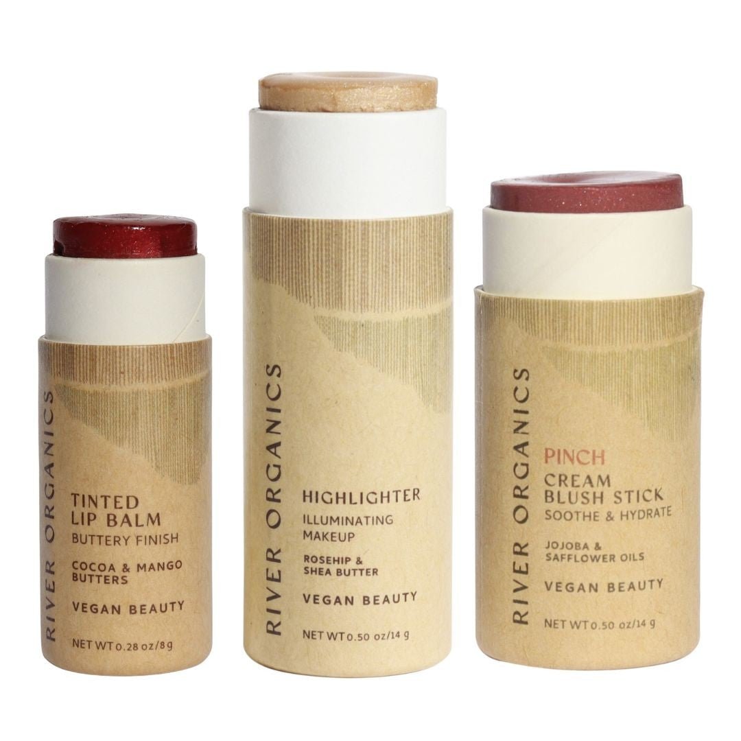 Lip + Highlighter + Blush Set – Customizable Vegan Makeup Trio | Plastic-Free, Organic &amp; Cruelty-Free Beauty