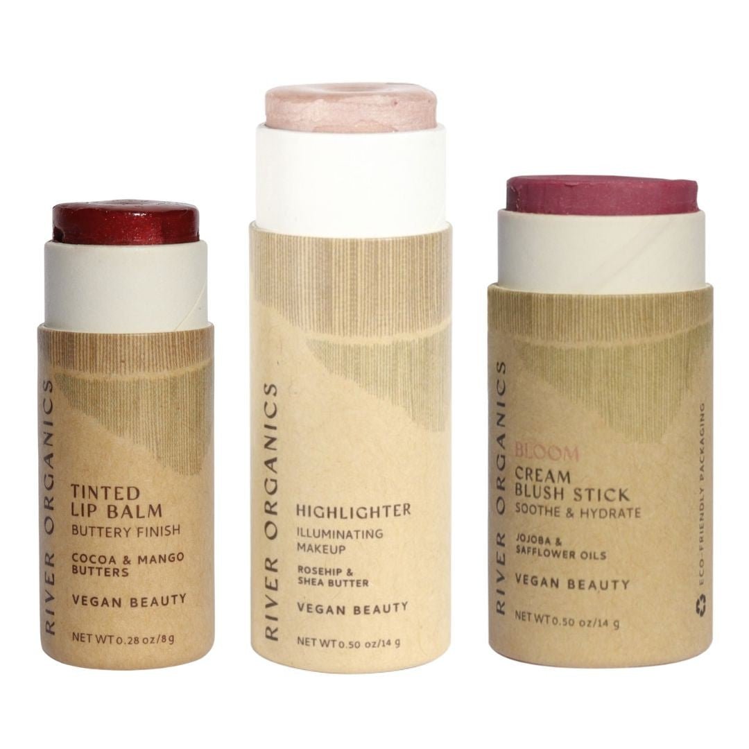 Lip + Highlighter + Blush Set – Customizable Vegan Makeup Trio | Plastic-Free, Organic &amp; Cruelty-Free Beauty