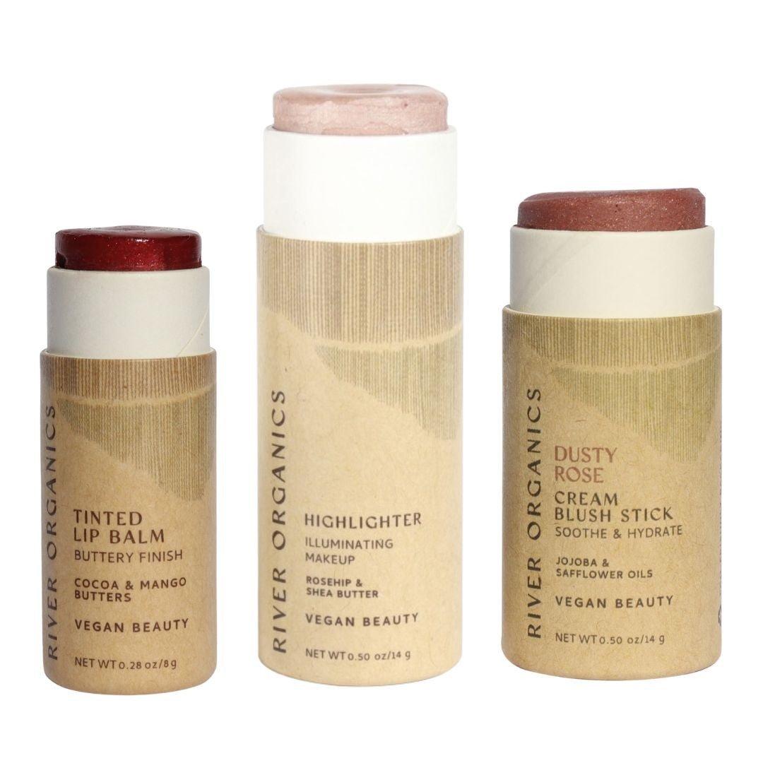 Lip + Highlighter + Blush Set – Customizable Vegan Makeup Trio | Plastic-Free, Organic &amp; Cruelty-Free Beauty