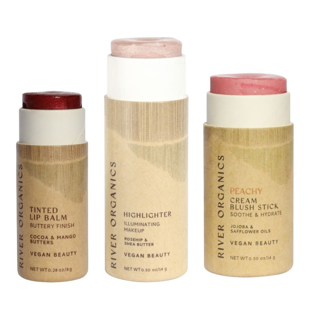 Lip + Highlighter + Blush Set – Customizable Vegan Makeup Trio | Plastic-Free, Organic &amp; Cruelty-Free Beauty