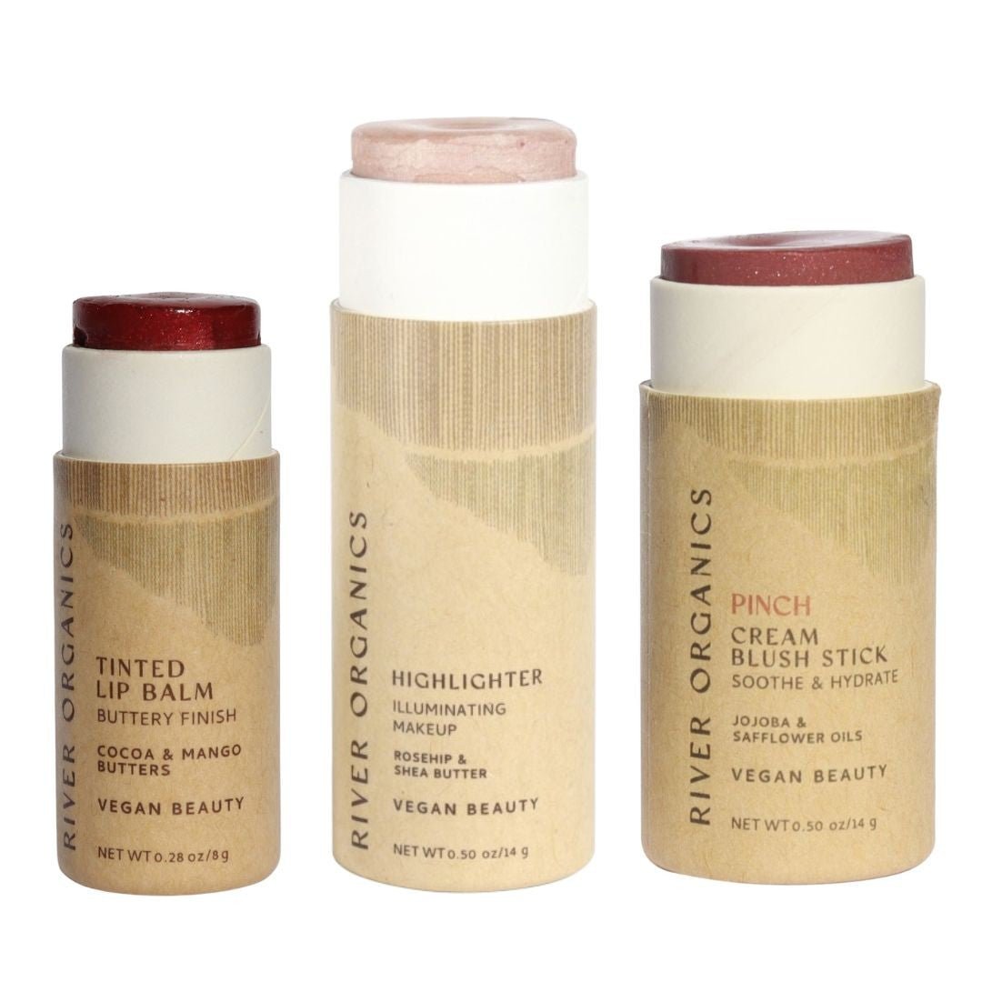 Lip + Highlighter + Blush Set – Customizable Vegan Makeup Trio | Plastic-Free, Organic &amp; Cruelty-Free Beauty
