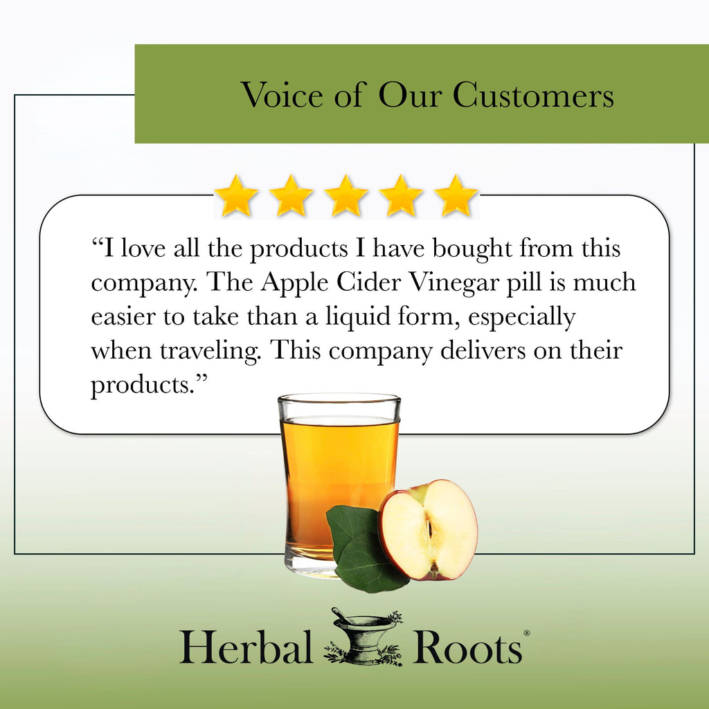 Voice of our customers with 5 stars, a glass of ACV. "I love all the products I have bought from this company. The Apple cider vinegar pill is much easier to take than a liquid form, especially when traveling. This company delivers on their products."