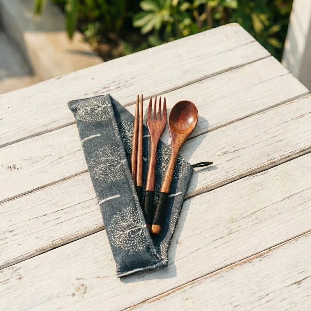 Coconut Travel Cutlery Set | Reusable Eco-Friendly Utensils with Cotton Pouch