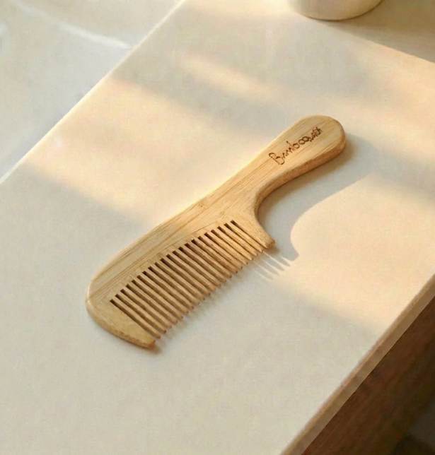 Bamboo Wide Tooth Comb with Handle | Plastic-Free Detangling Comb for Thick & Curly Hair