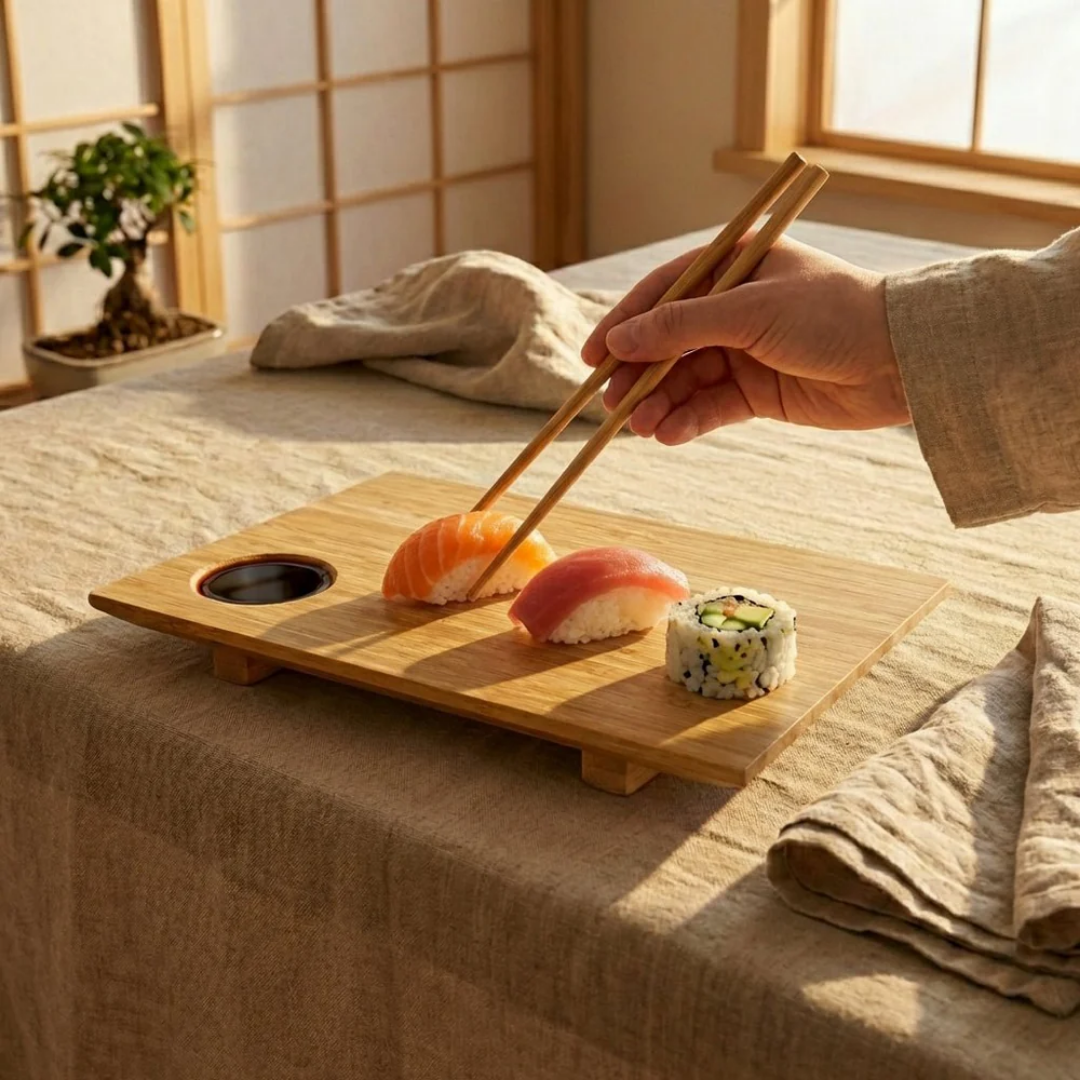 Bamboo Sushi Serving Plate &amp; Chopsticks | Reusable Eco-Friendly Sushi Set