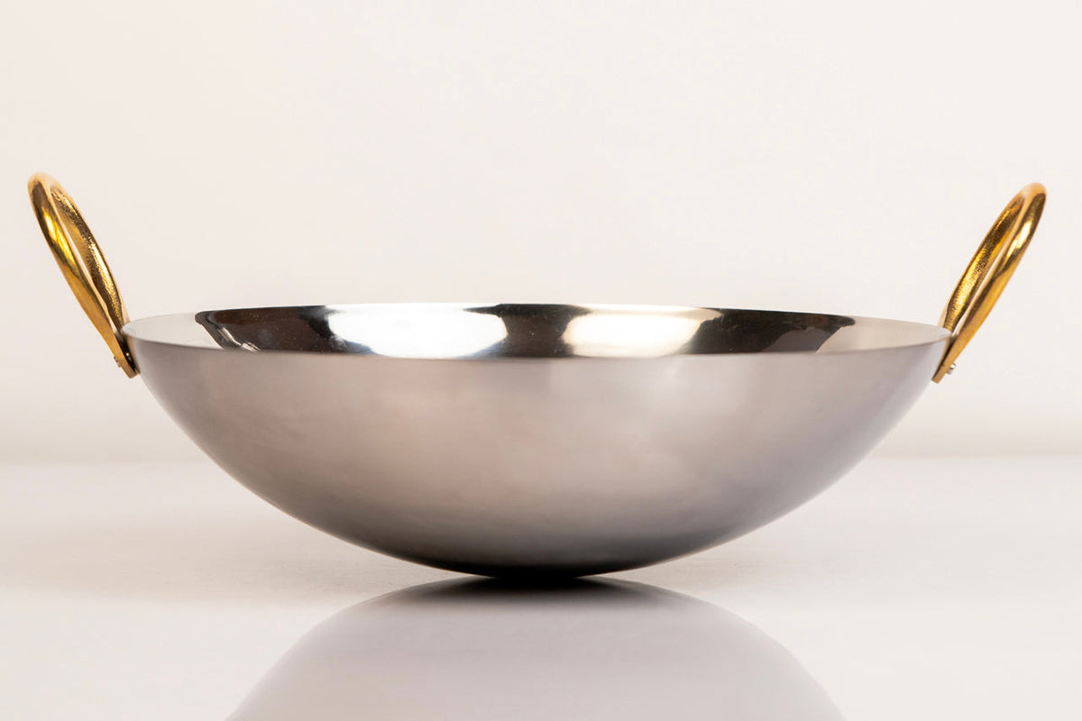 Indian Kadai Stainless Steel Wok With Brass Handles