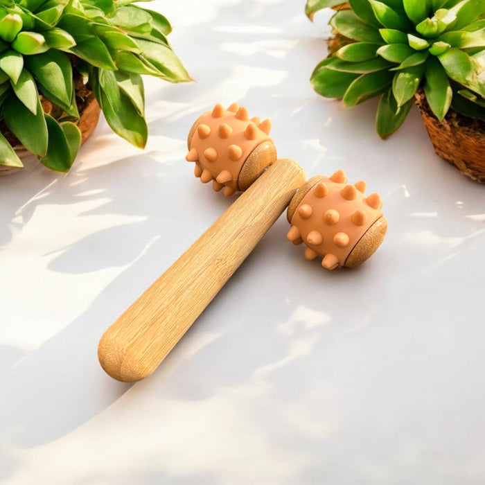 Bamboo Body Massage Tool with Silicone Rolling Head | Deep Tissue Muscle Relaxer | Eco-Friendly Massager