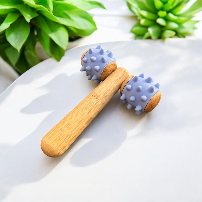 Bamboo Body Massage Tool with Silicone Rolling Head | Deep Tissue Muscle Relaxer | Eco-Friendly Massager