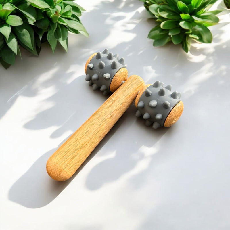 Bamboo Body Massage Tool with Silicone Rolling Head | Deep Tissue Muscle Relaxer | Eco-Friendly Massager