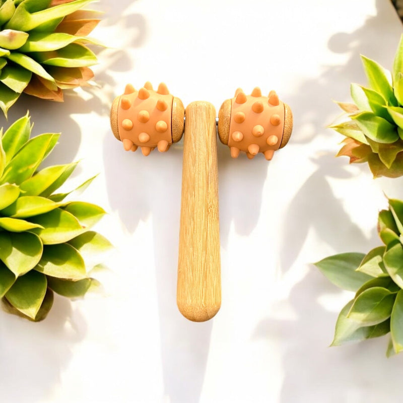 Bamboo Body Massage Tool with Silicone Rolling Head | Deep Tissue Muscle Relaxer | Eco-Friendly Massager