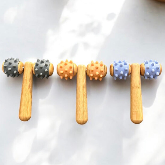 Bamboo Body Massage Tool with Silicone Rolling Head | Deep Tissue Muscle Relaxer | Eco-Friendly Massager