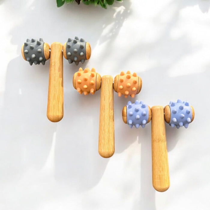 Bamboo Body Massage Tool with Silicone Rolling Head | Deep Tissue Muscle Relaxer | Eco-Friendly Massager