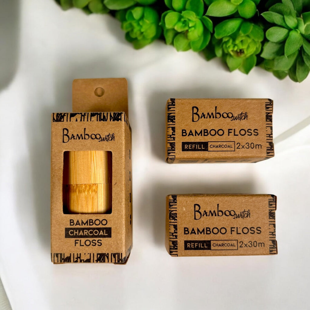 Bamboo Charcoal Dental Floss in Bamboo Container – Plastic-Free, Compostable & Refillable