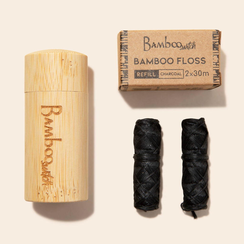 Bamboo Charcoal Dental Floss in Bamboo Container – Plastic-Free, Compostable & Refillable