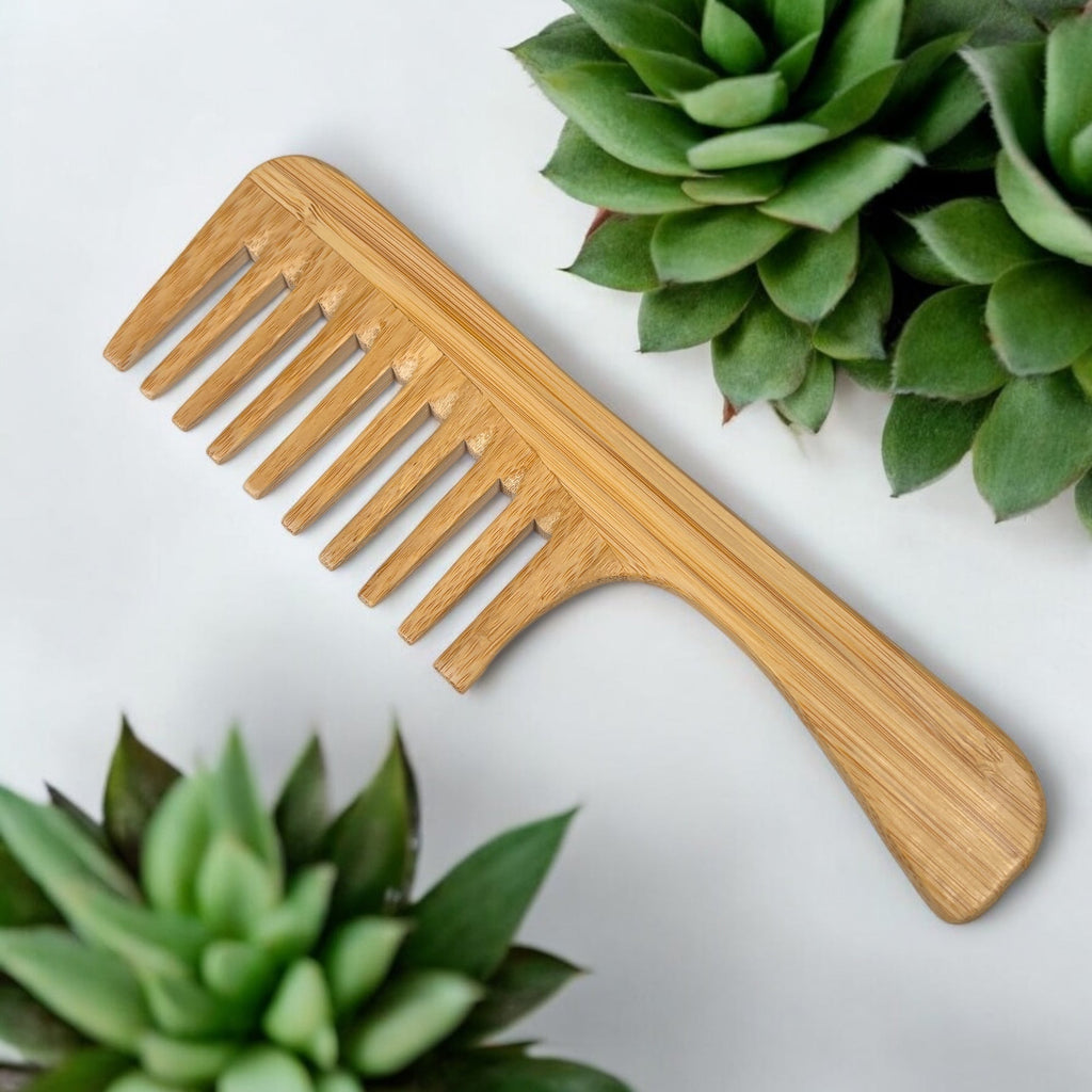 Bamboo Wide Tooth Comb with Handle | Flat-Tipped Detangling Comb | Eco-Friendly Hair Tool