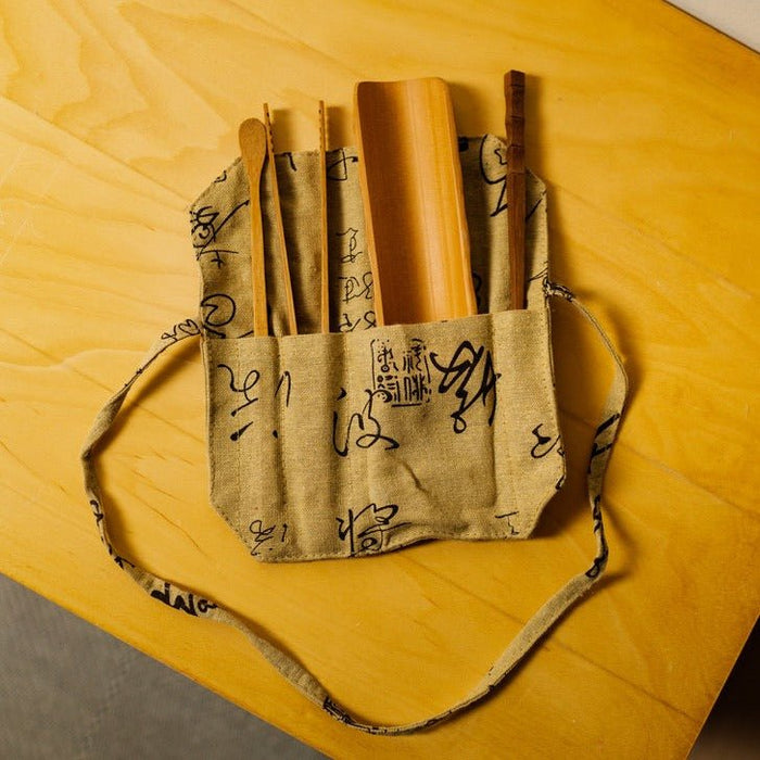 Bamboo Tea Tool Set in Travel Pouch – 4-Piece Sustainable Bamboo Tea Accessories for Eco-Friendly Brewing