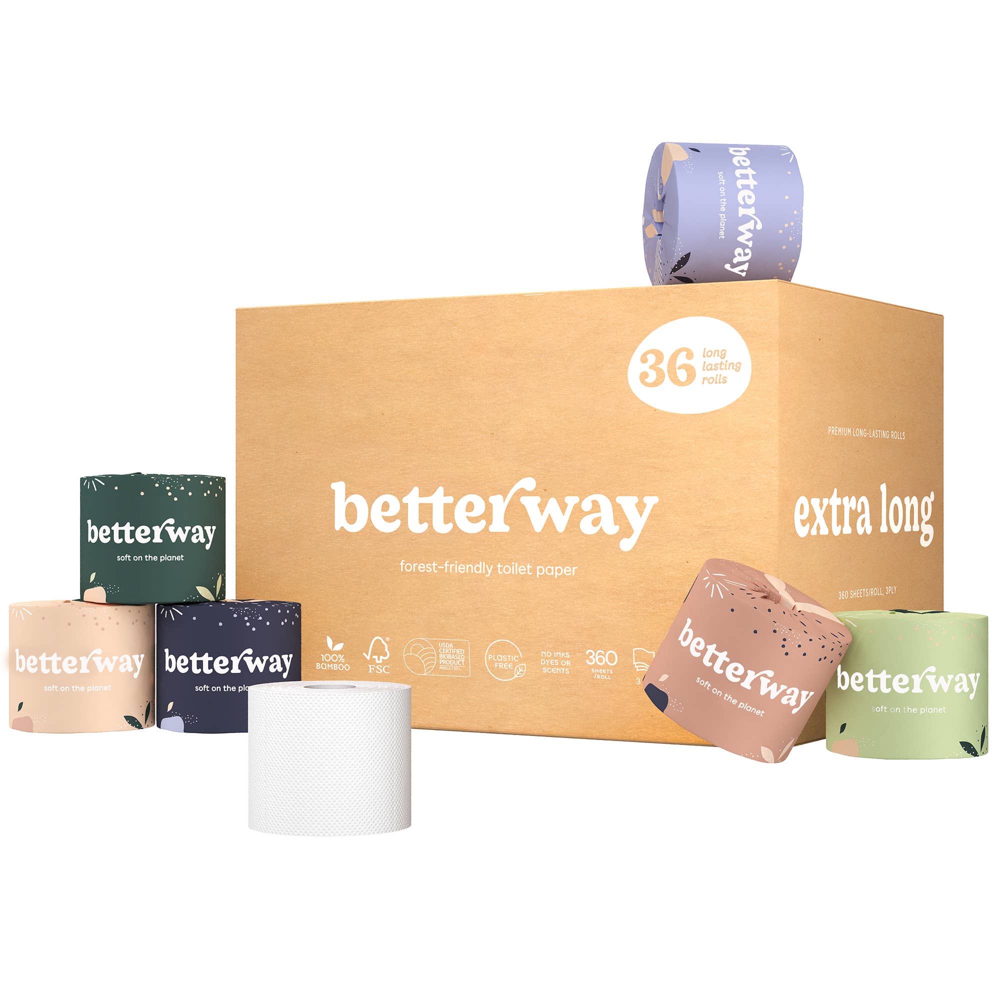 Betterway - Single-Wrapped Bamboo TP - 36-pack | White &amp; Natural Brown