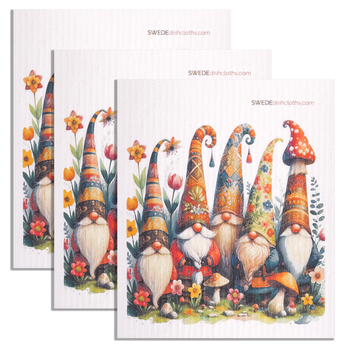 Eco-Friendly Swedish Dishcloths – Mushroom Hat Gnomes Set of 3 | Reusable, Compostable Paper Towel Replacements