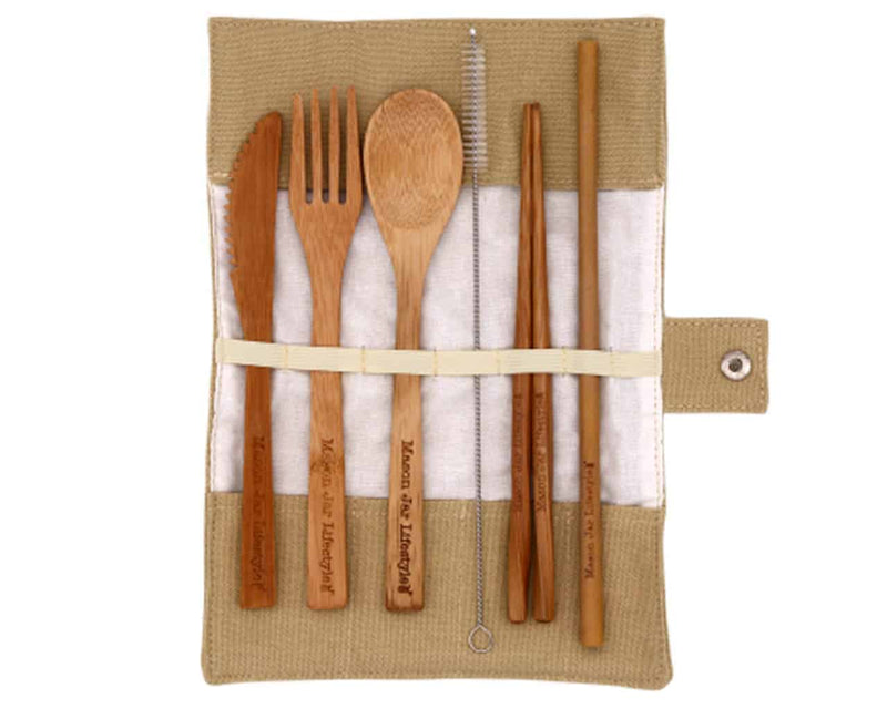 Travel Bamboo Utensil Set With Cotton Roll-Up Carrying Case