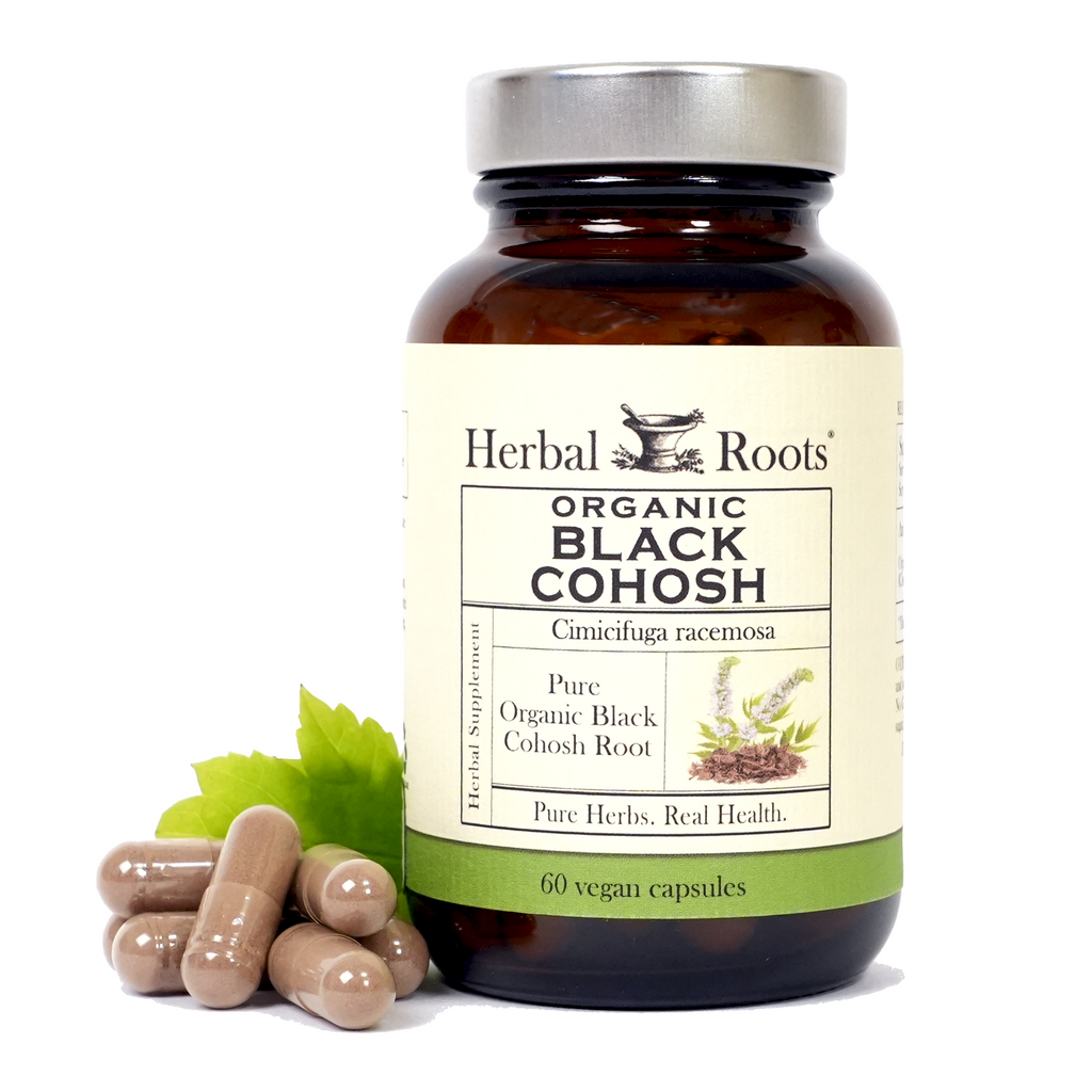 Bottle of Herbal Roots Organic Black Cohosh with capsules on the left of the bottle. 