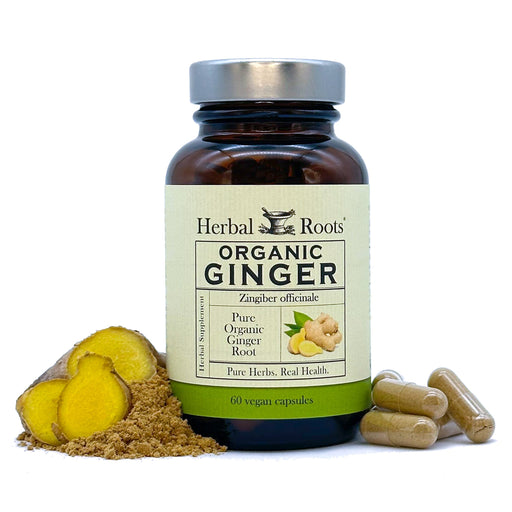 Bottle of Herbal Roots Organic Ginger supplement