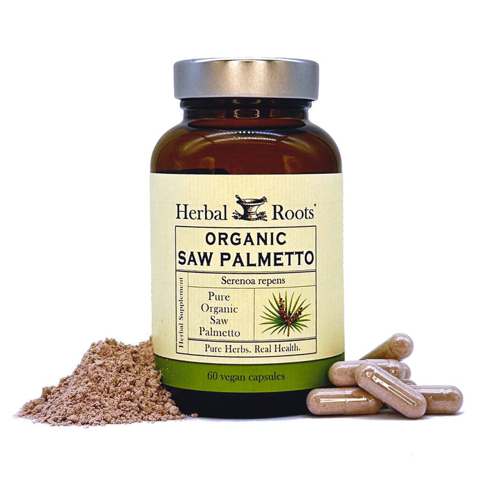 Bottle of Herbal Roots Organic Saw Palmetto with capsules on the right of the bottle and powder on the left. 