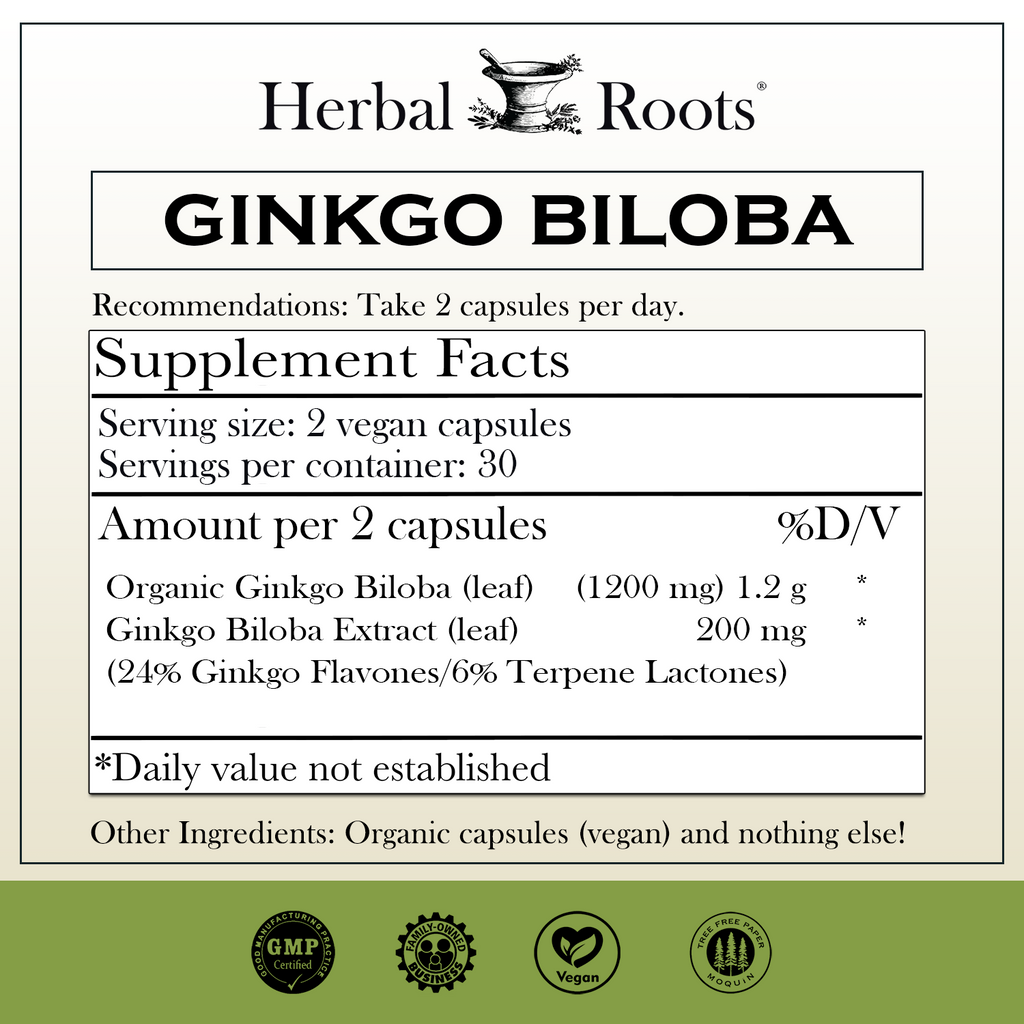 Herbal Roots Ginkgo Biloba supplement facts label with serving size as 2 vegan capsules, 30 servings per container. Amount per 2 capsules is 1200 mg of organic ginkgo biloba, 200 mg of ginkgo biloba extract. Other ingredients: Organic capsules (began) and nothing else! There are GMP certified, family owned business, vegan and tree free paper badges.