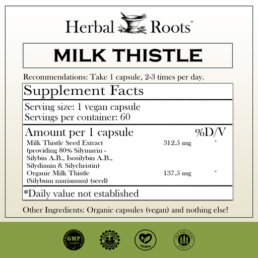 Herbal Roots Milk Thistle supplement facts label with serving size as 1 vegan capsule, 60 servings per container. Amount per 1 capsule is 312.5 mg of milk thistle seed extract, 137.5 mg of organic milk thistle seed powder. Other ingredients: Organic capsules (vegan) and nothing else! There are GMP certified, family owned business, vegan and tree free paper badges.