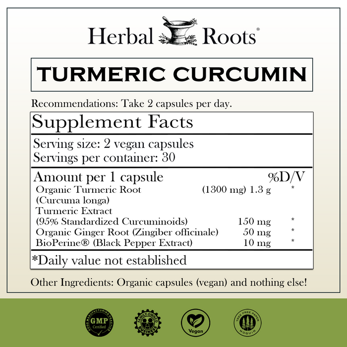 Herbal Roots turmeric curcumin supplement facts label with serving size as 2 vegan capsules, 30 servings per container. Amount per 2 capsules is 150 mg of organic turmeric root, 150 mg of turmeric extract, 10 mg black pepper extract, 50 mg organic ginger root. Other ingredients: Organic capsules (vegan) and nothing else! There are GMP certified, family owned business, vegan and tree free paper badges.