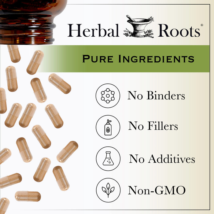 On the left of the image at the top is an open bottle with capsules spilling out of it. The capsules are cascading down the left side of the image. On the right is text that says Herbal Roots Pure Ingredients. No Binders, No fillers, No additives, Non-GMO