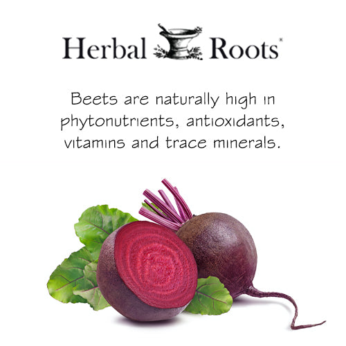 A whole beet and a cut beet next to each other with some beet leaves behind. The text on the image says Beets are naturally high in phytonutrients, antioxidants, vitamins and trace minerals. 