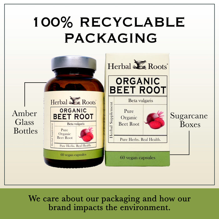 Bottle and box of Herbal Roots Organic Beet Root next to each other. Under the bottle and box says We care about our packaging and how our brand impacts the environment. There is a line coming from the left of the bottle that says Amber glass bottles. There is a line coming from the left of the box that says sugarcane boxes. 