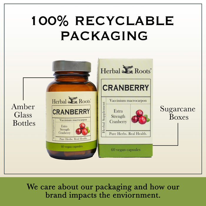 Bottle and box of Herbal Roots Cranberry supplement next to each other. Under the bottle and box says We care about our packaging and how our brand impacts the environment. There is a line coming from the left of the bottle that says Amber glass bottles. There is a line coming from the left of the box that says sugarcane boxes. 