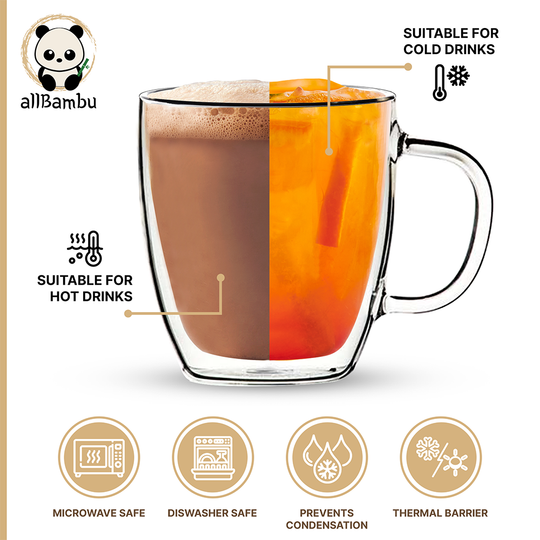 Double Wall Glass Mug with Bamboo Lid 8oz (250ml) —