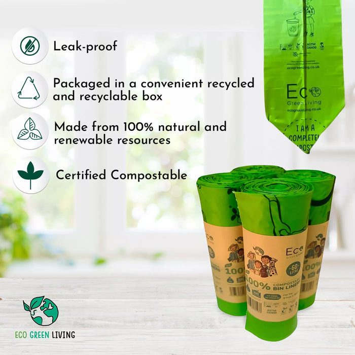 Compostable kitchen trash bags, 1 roll of 10 bags, 16 gallon (60 liter)