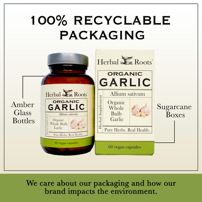 Bottle and box of Herbal Roots Organic garlic next to each other. Under the bottle and box says We care about our packaging and how our brand impacts the environment. There is a line coming from the left of the bottle that says Amber glass bottles. There is a line coming from the left of the box that says sugarcane boxes. 