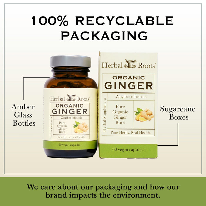 Bottle and box of Herbal Roots Organic Ginger next to each other. Under the bottle and box says We care about our packaging and how our brand impacts the environment. There is a line coming from the left of the bottle that says Amber glass bottles. There is a line coming from the left of the box that says sugarcane boxes. 