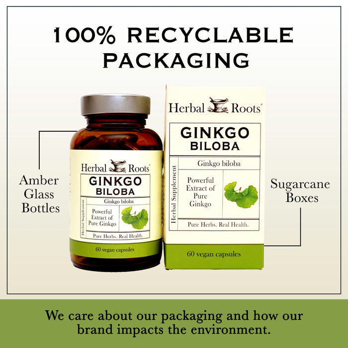 Bottle and box of Herbal Roots ginkgo boliba next to each other. Under the bottle and box says We care about our packaging and how our brand impacts the environment. There is a line coming from the left of the bottle that says Amber glass bottles. There is a line coming from the left of the box that says sugarcane boxes. 