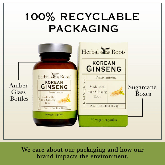 Bottle and box of Herbal Roots Korean Ginseng next to each other. Under the bottle and box says We care about our packaging and how our brand impacts the environment. There is a line coming from the left of the bottle that says Amber glass bottles. There is a line coming from the left of the box that says sugarcane boxes. 