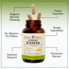 Bottle of Herbal Roots Organic Korean Ginseng with three pills spilling out of the top of the bottle. There are several lines pointing to the bottle and the capsules. The lines say Organic Korean ginseng, Vegan Capsules, Single ingredient, No Binders or fillers, immune support and promotes energy.