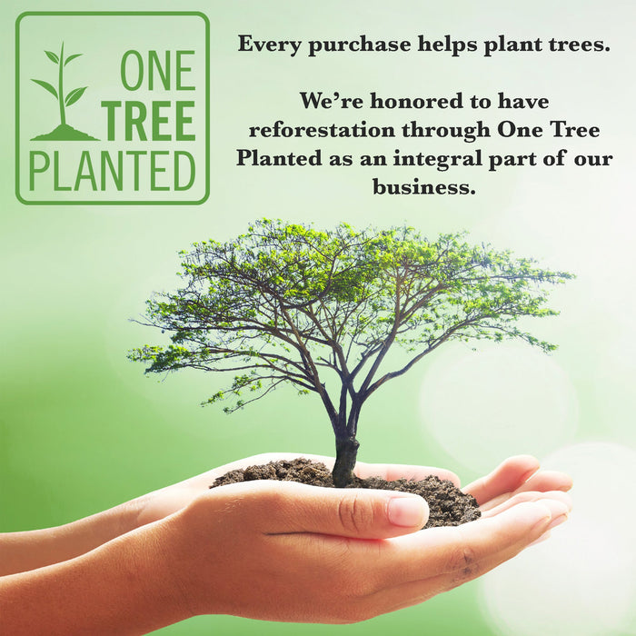 Hands outstretch cupped with a pile of dirt in them and a small tree.  The text says Every purchase helps plant trees. We're honored to have reforestation through One Tree Planted as an integral part of our business.