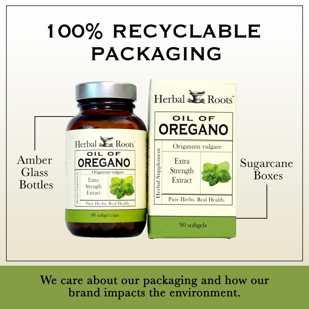 A bottle of Herbal Roots oil of oregano next to the packaging box. There is text above the bottle and box that says 100% Recyclable Packaging. Text on the left of the  bottle with a line pointing to the bottle says Amber Glass Bottles. Text on the right of the box with a line going to the box says Sugarcane boxes. Text on the bottom of the image says We care about our packaging and how our brand impacts the environment.